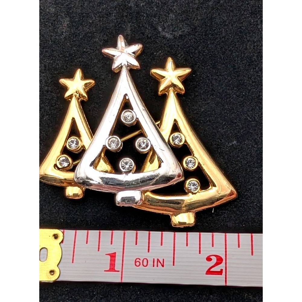 Christmas Tree Brooch Mixed Metal Gold Silver Tone Rhinestone Star Holiday Pin